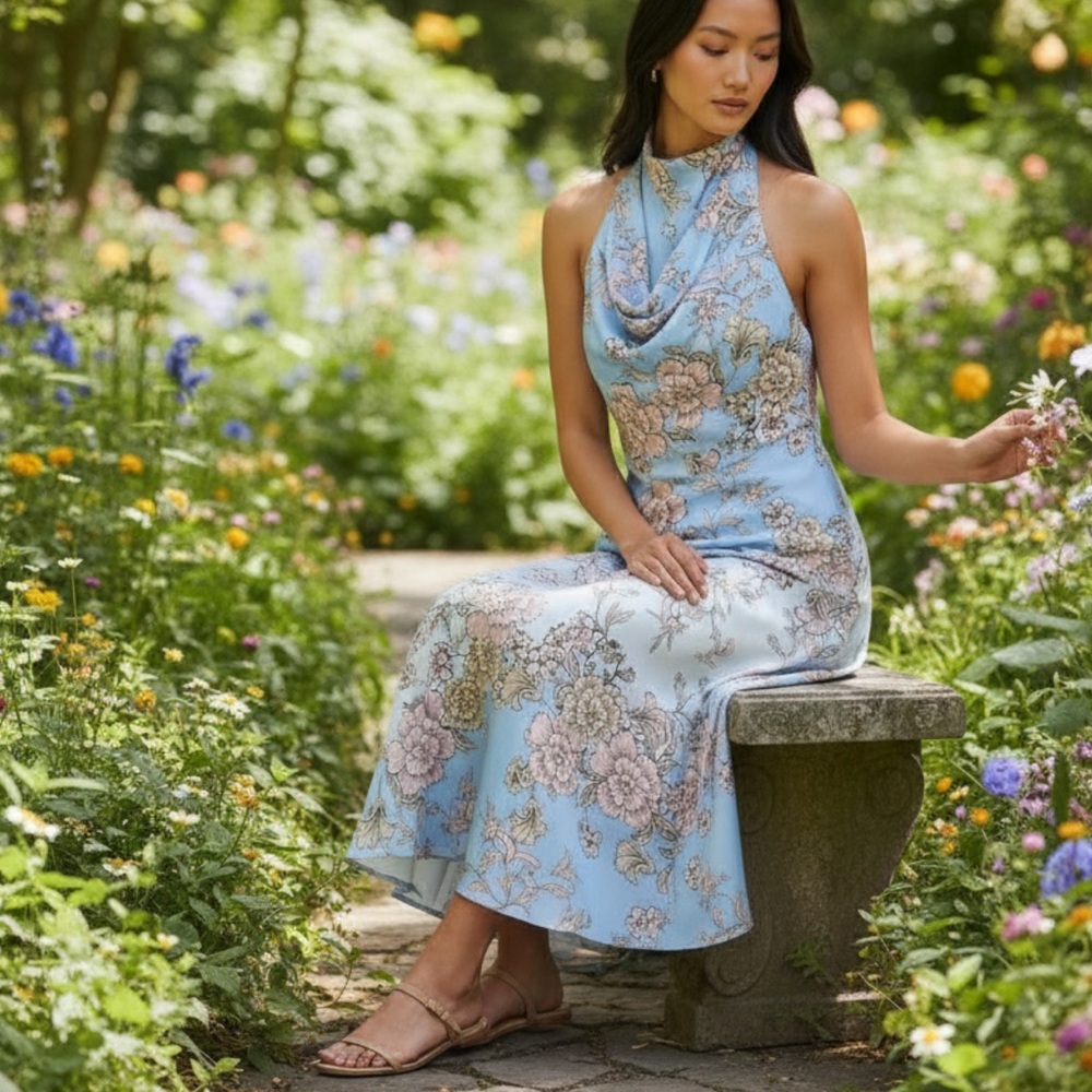 Vince Camuto nwt blue pink floral print layer pocket midi ruffle tie neck dress